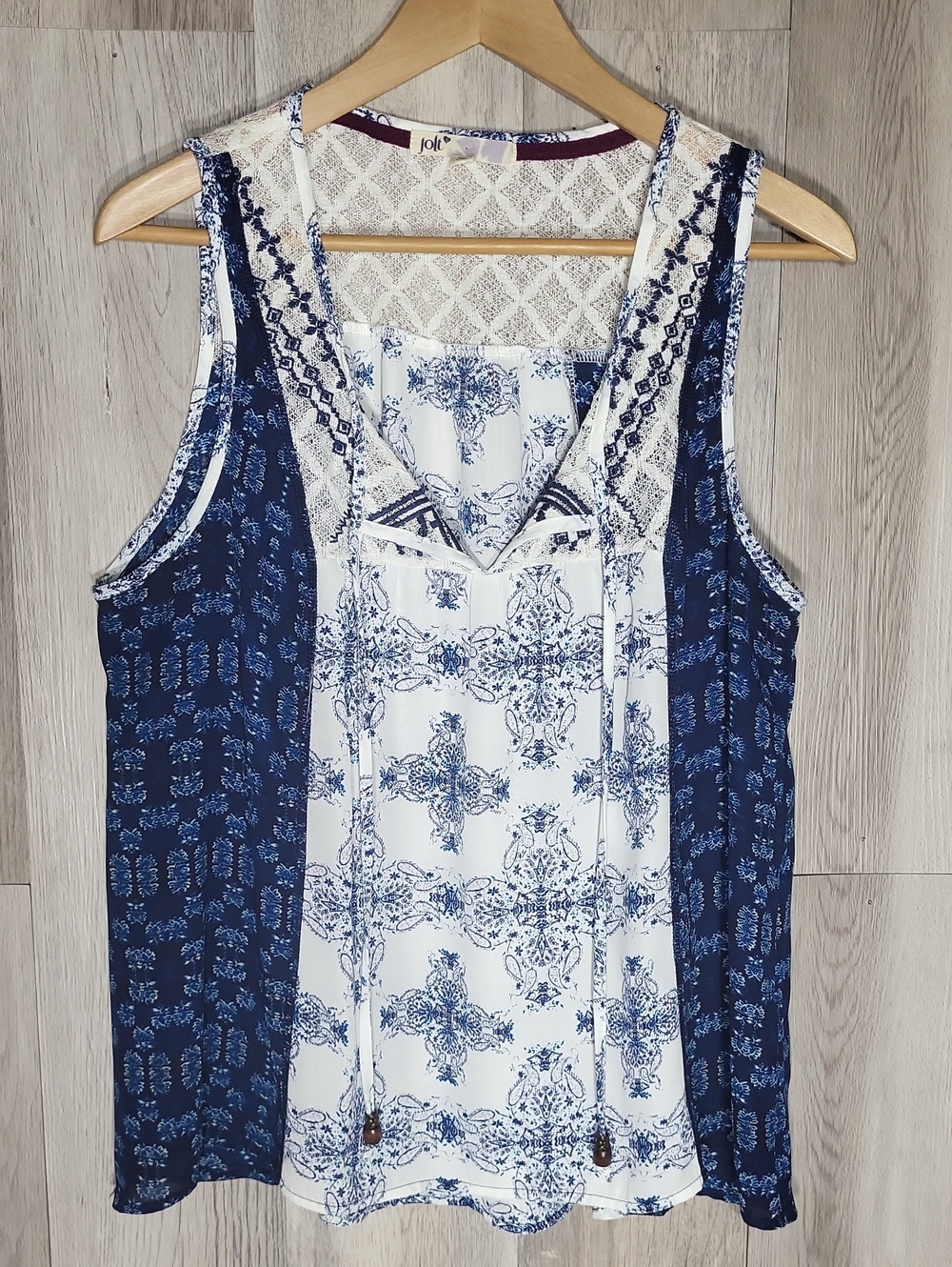 Jolt Womens XL Sleeveless Boho Tank Top Blue White Mixed Print Tassel Tie